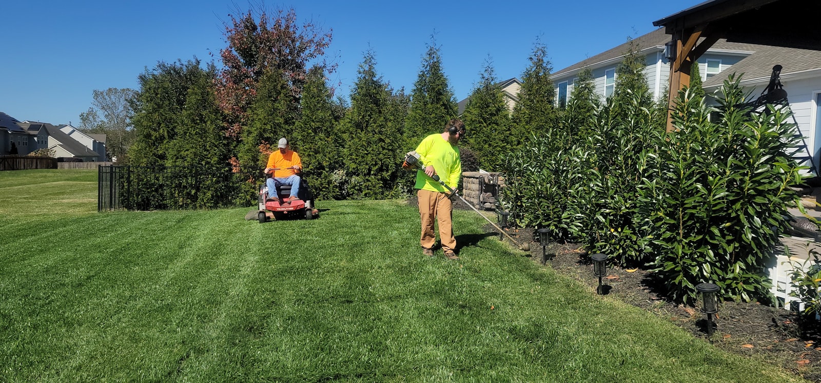 Walk-behind mower cutting a residential lawn from the side angle.
